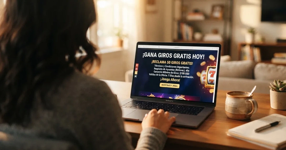 Pantalla de casino online español mostrando una promoción de tiradas gratis con sus condiciones visibles en letra pequeña