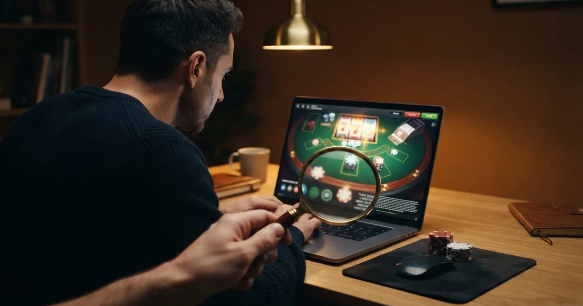 Un jugador frente a la pantalla de un casino online en español, con fichas de bono virtuales sobre la mesa y una lupa que revela la letra pequeña de las condiciones
