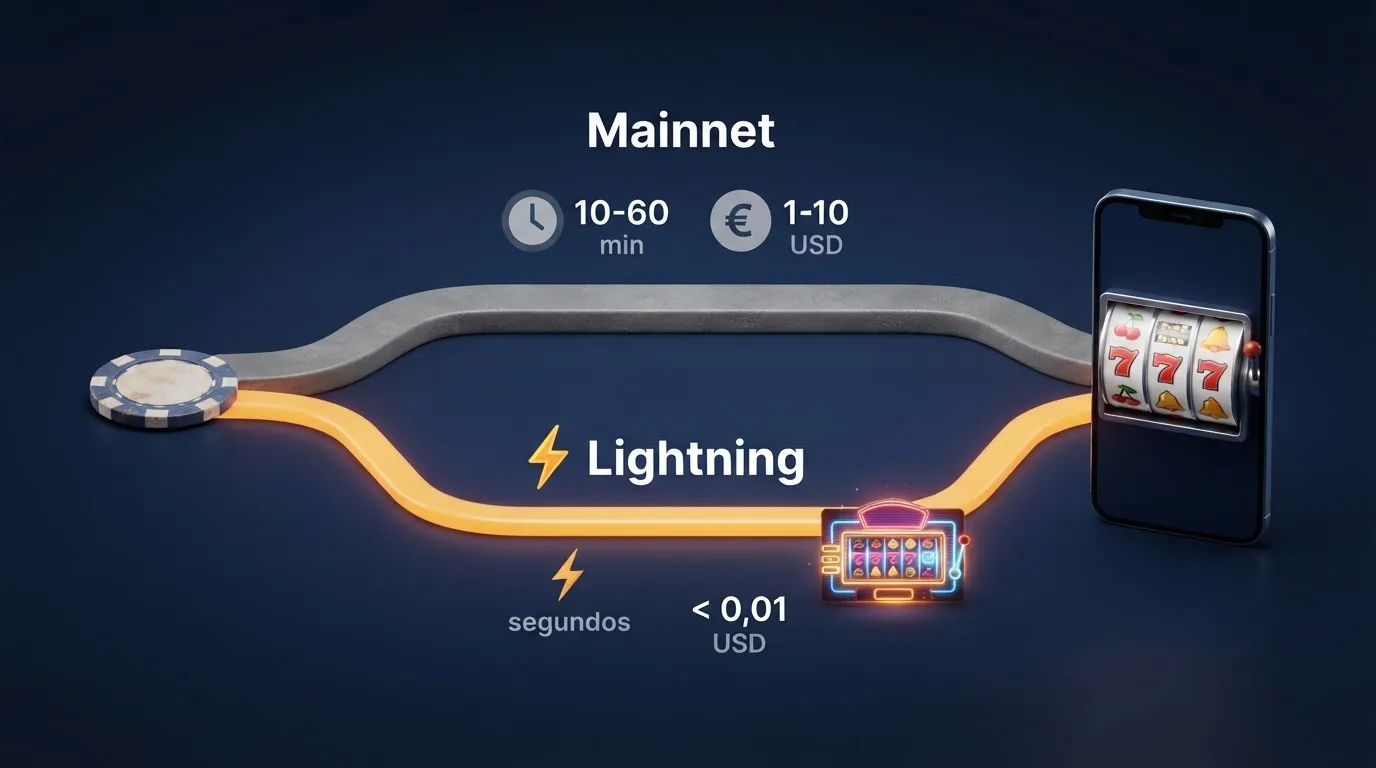 Esquema visual de una transacción bitcoin: dos caminos desde un monedero hasta un casino — el superior etiquetado mainnet (10–60 min, comisión 1–10 USD) y el inferior etiquetado Lightning Network (segundos, comisión < 0,01 USD)
