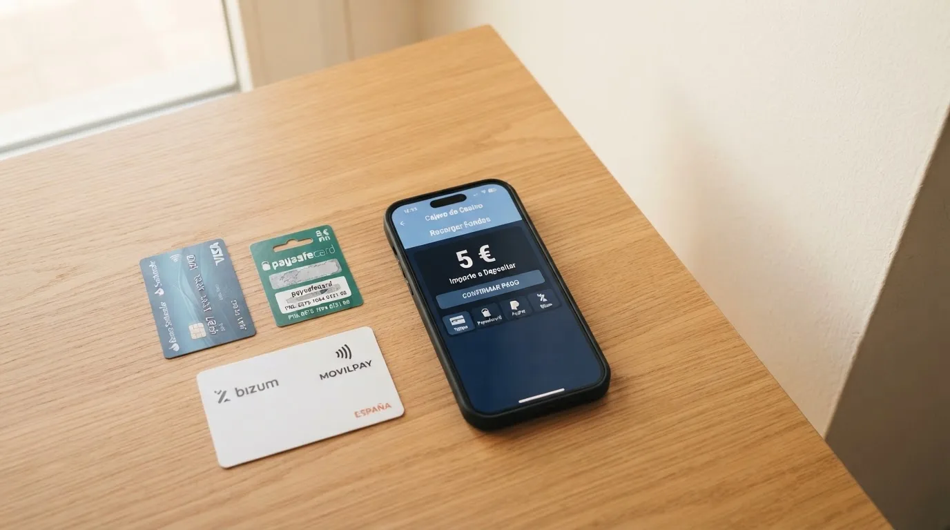 Los logos de Bizum, PayPal y Paysafecard junto a un teléfono móvil mostrando la pantalla de depósito de un casino online español