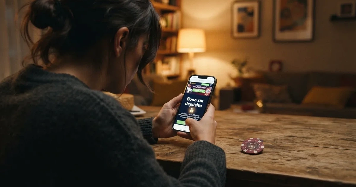 Jugador consultando en un móvil la página de promociones de un casino online con licencia española, con un cartel de «bono sin depósito» en pantalla y un candado DGOJ visible.