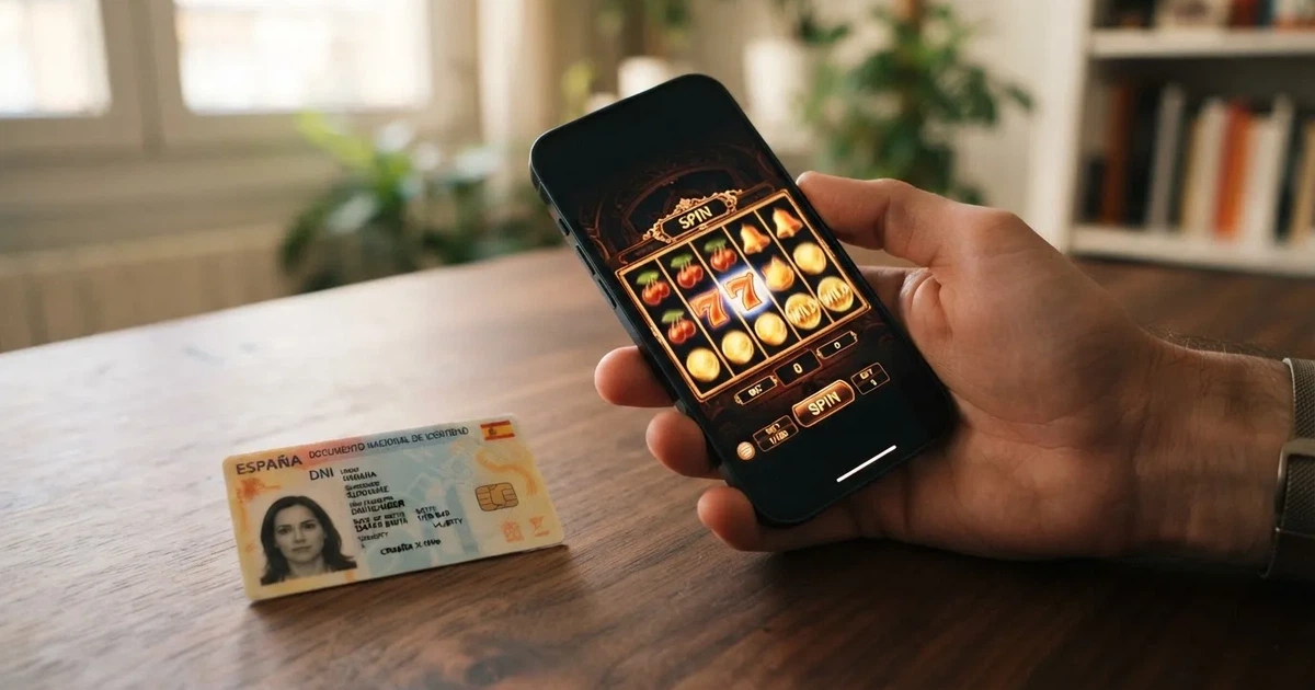 Primer plano de una mano sosteniendo un móvil con la pantalla encendida mostrando una ruleta de tragaperras digital, junto a un documento de identidad español sobre una mesa