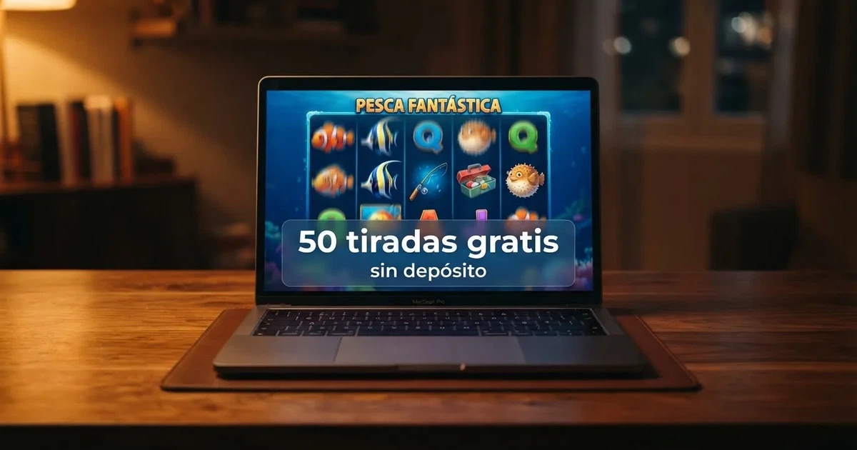 Pantalla de un casino online español mostrando una promoción de 50 tiradas gratis en una tragaperras con el texto «sin depósito» destacado