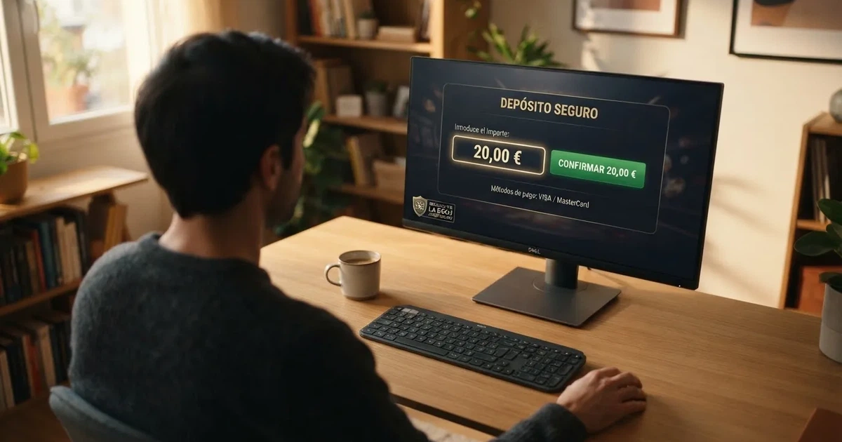 Un jugador sentado frente a una pantalla con la página de depósito de un casino online, mostrando el campo de ingreso con la cifra de 20 euros resaltada y el logotipo de la DGOJ visible en el pie de página