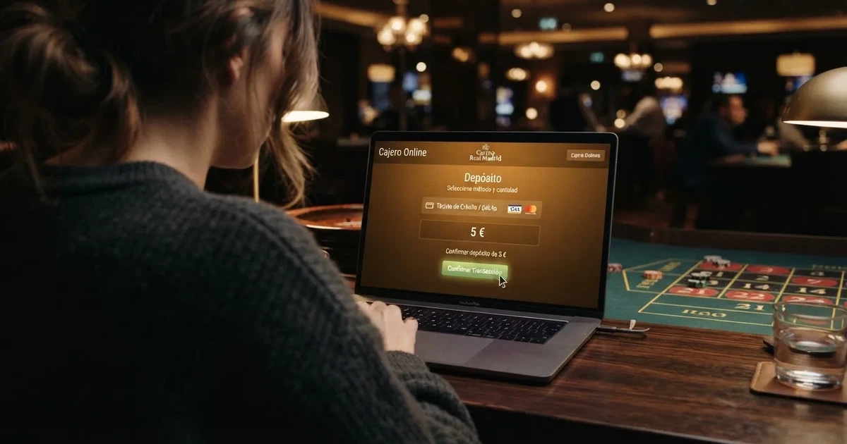 Interfaz de un casino online con dominio .es mostrando un depósito de 5 euros en la pantalla de cajero