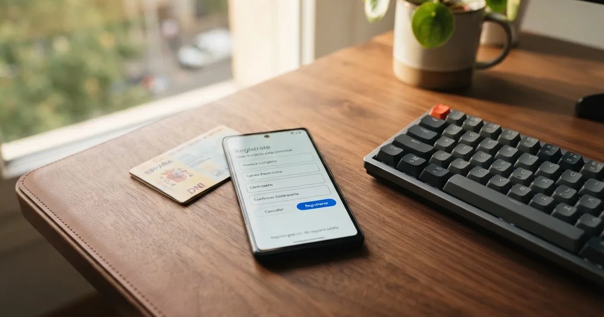 Manos sujetando un móvil con la pantalla de registro de un casino online español, junto a un teclado y un DNI sobre una mesa