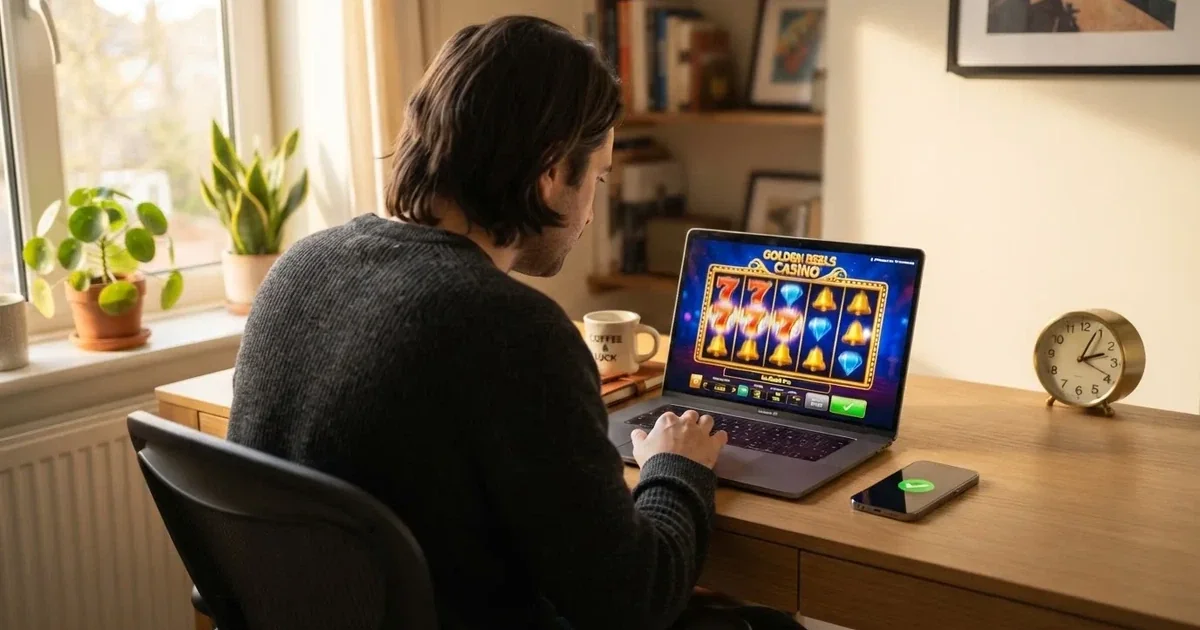 Un jugador consultando el móvil junto a un ordenador portátil con la pantalla de un casino online español abierta, con un reloj o cronómetro visible que sugiere velocidad de cobro
