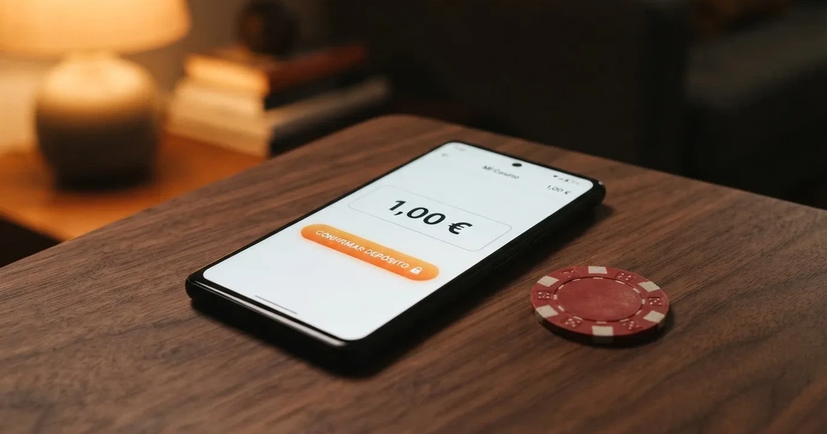 Un billete de un euro sobre la pantalla de un móvil que muestra el cajero de un casino online con el importe «1,00 €» y el logo de Bizum visible.