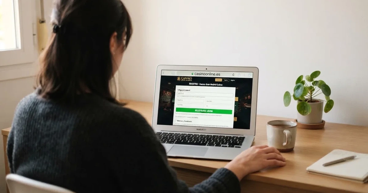 Un jugador frente a la pantalla de registro de un casino online español, con el campo de código promocional visible y el candado de seguridad del dominio .es en la barra del navegador.
