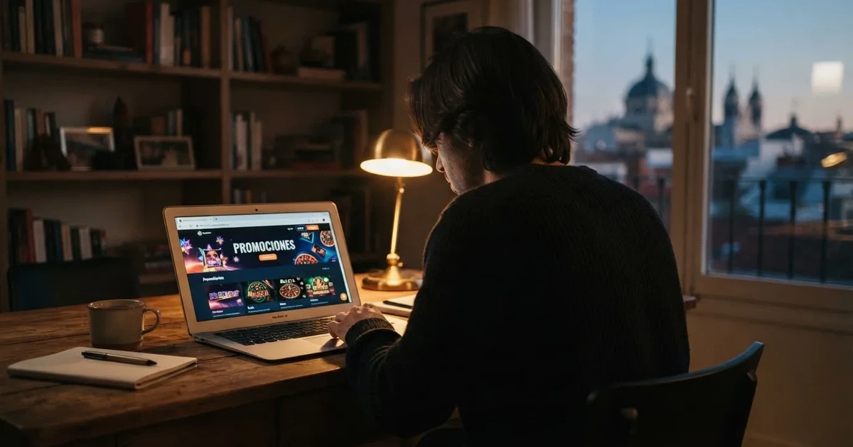 Un jugador consultando la sección de promociones en la pantalla de un casino online español, con el candado de seguridad del dominio .es visible en la barra del navegador