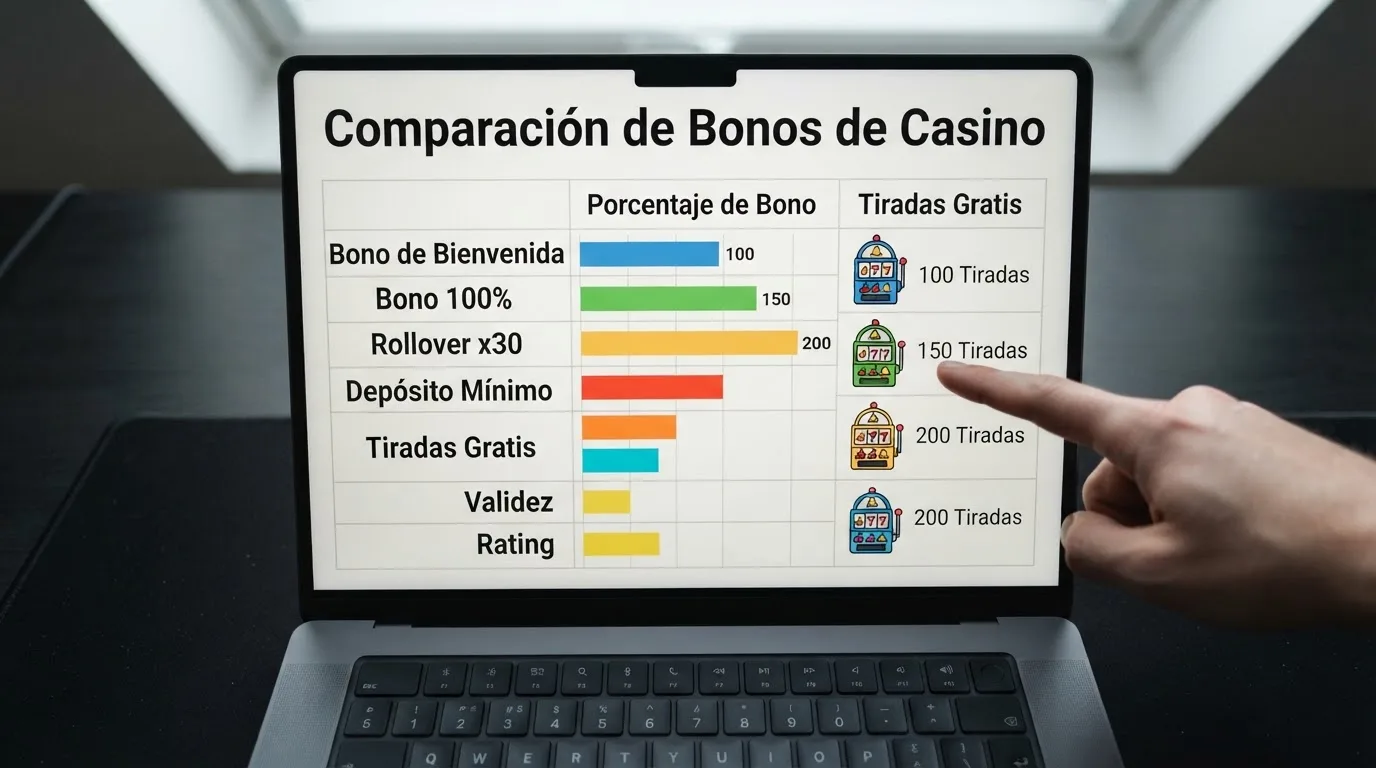 Una tabla comparativa con los logotipos de los operadores DGOJ revisados, los porcentajes de bono y los multiplicadores de rollover destacados en la pantalla de un ordenador.