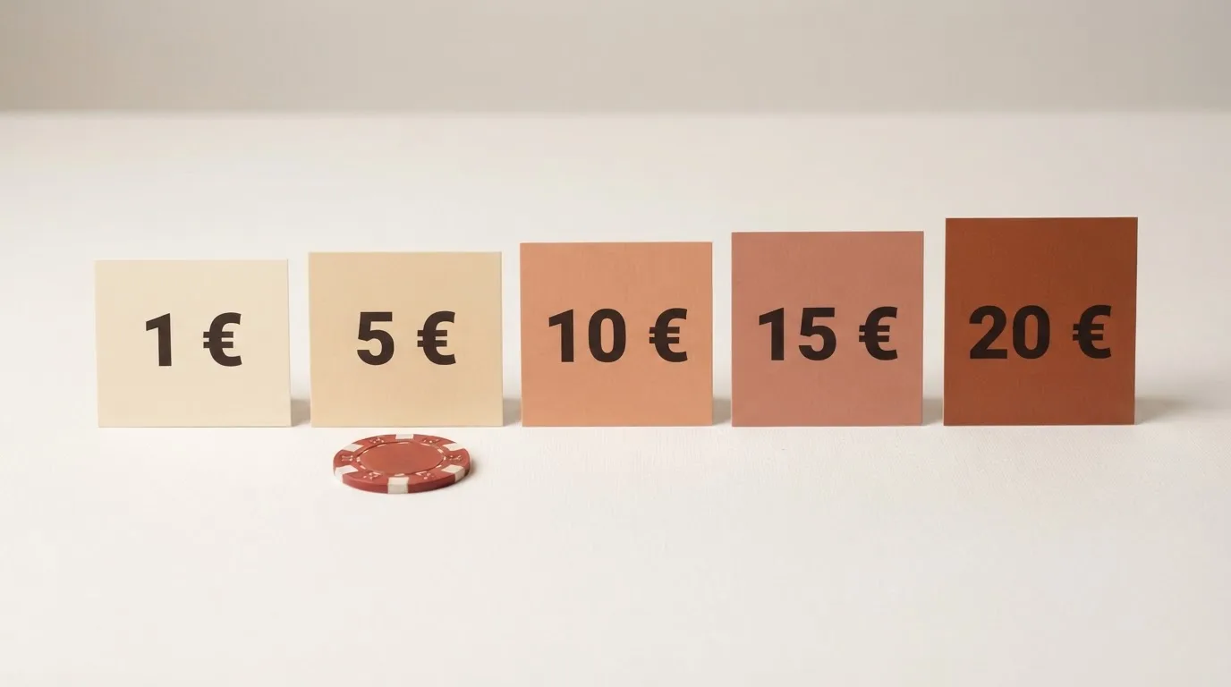 Tarjetas de casino online alineadas sobre una mesa, cada una con el nombre de un operador y su umbral de depósito mínimo visible, ordenadas de 1 € a 20 €.