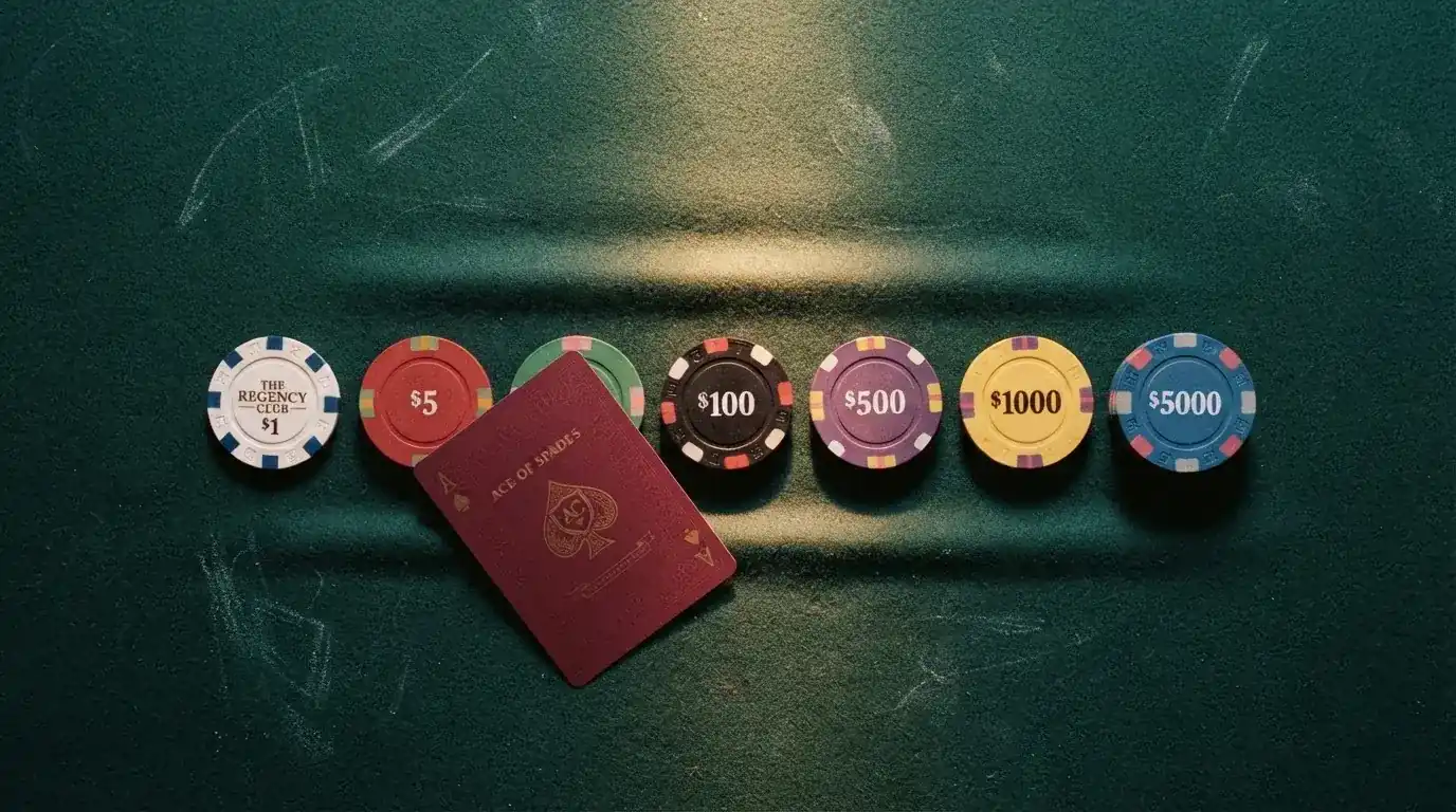 Diez tarjetas de casino alineadas sobre una mesa de juego, cada una con un número distinto de fichas doradas