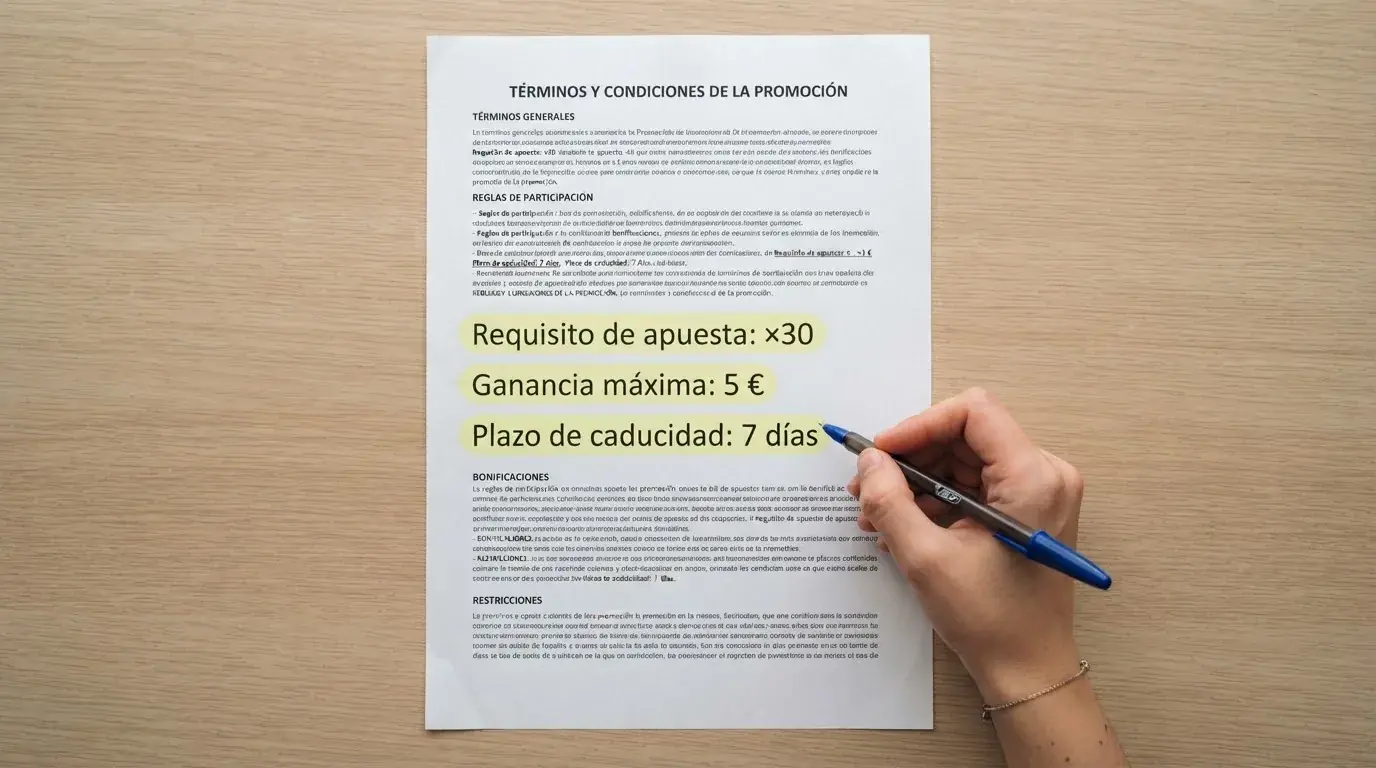 Un documento de términos y condiciones con tres líneas resaltadas: requisito de apuesta x30, ganancia máxima 5 € y plazo de caducidad 7 días