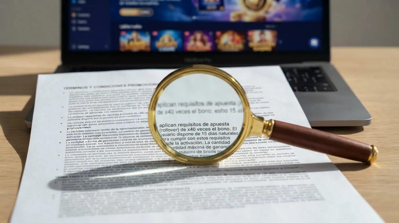 Primer plano de una lupa sobre un documento con letra pequeña, donde se leen términos como «rollover», «x40» y «15 días», con una pantalla de casino desenfocada al fondo