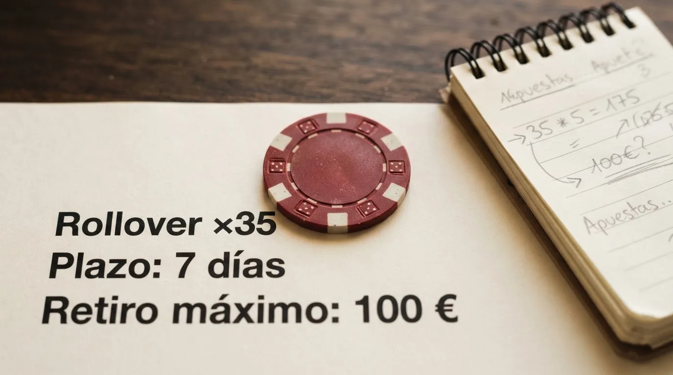 Primer plano de una ficha de casino sobre un documento donde se leen los términos «rollover ×35», «plazo: 7 días» y «retiro máximo: 100 €», con una calculadora al lado.