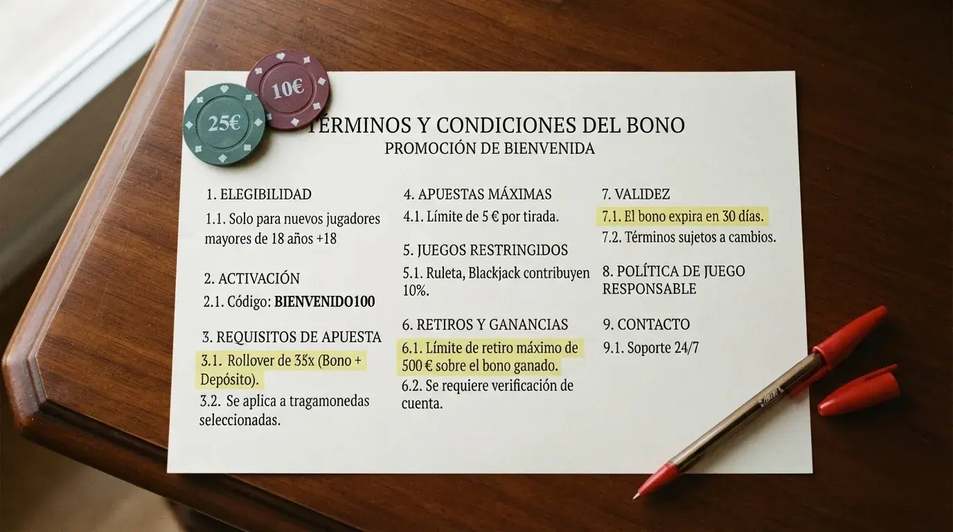 Primer plano de un contrato de condiciones de bono con los términos clave — rollover, tope de retirada y validez — subrayados y anotados en español