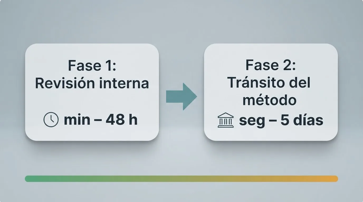 Diagrama con las dos fases de una retirada en un casino online español: revisión interna del operador y tránsito por el método de pago elegido