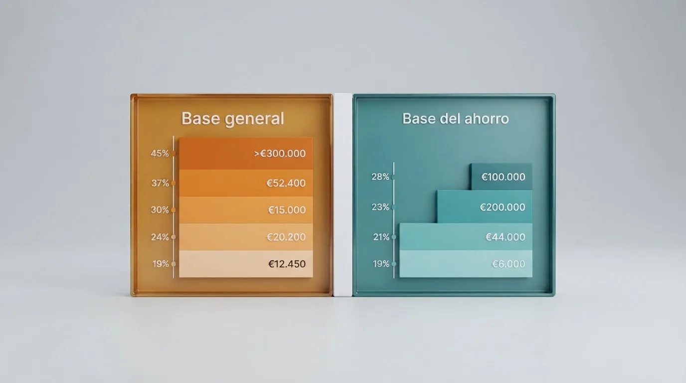 Esquema visual con las dos bases del IRPF que afectan al jugador de cripto: a la izquierda la base general (ganancias del juego, escala progresiva), a la derecha la base del ahorro (plusvalías del cripto, tipos del 19% al 30%)