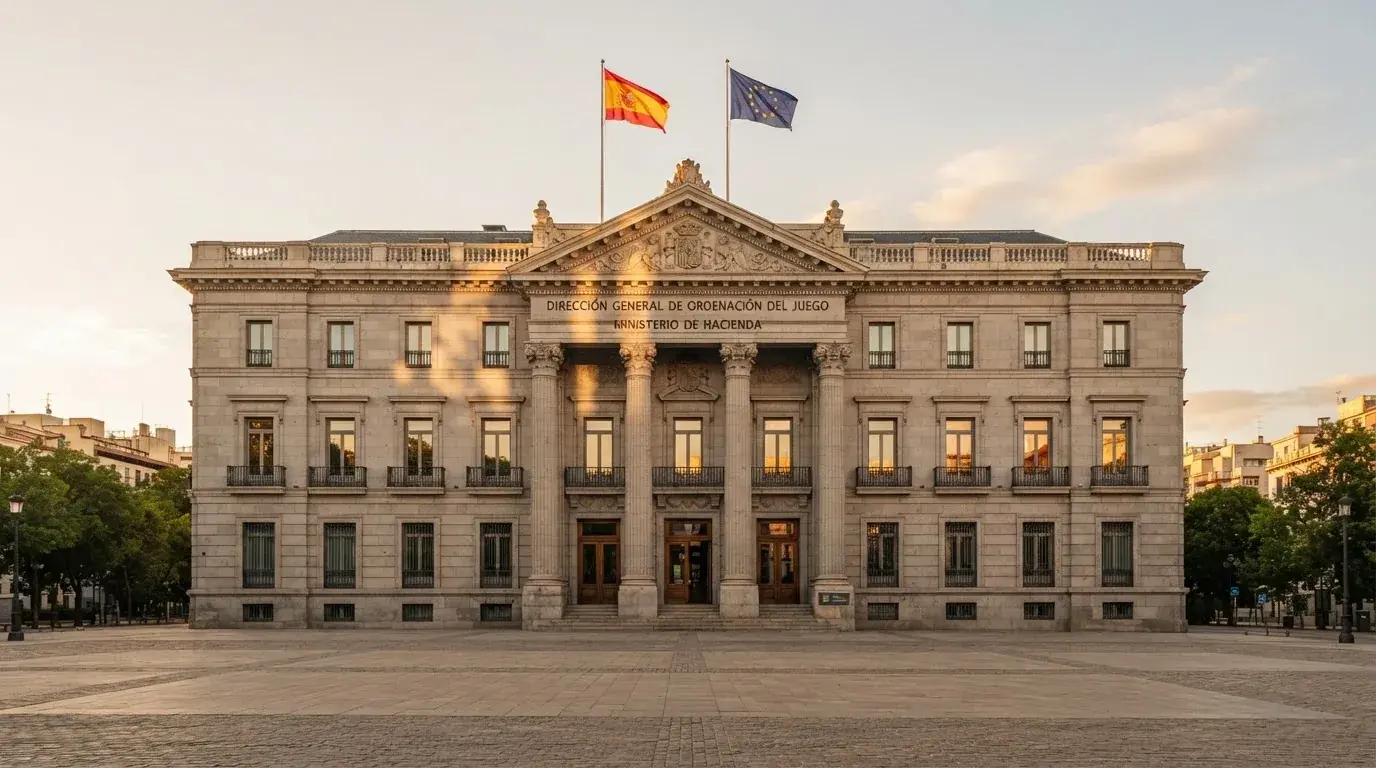 Fachada del edificio del Ministerio de Consumo en Madrid con la bandera de España y de la UE, sobreimpresionado el logotipo de la DGOJ