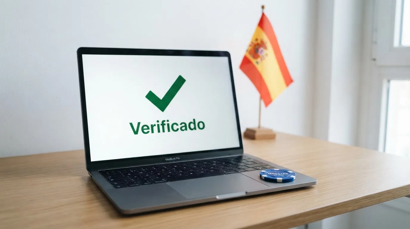 Un primer plano del sello de la DGOJ sobre un documento oficial junto a un teclado, con la silueta de la bandera española al fondo