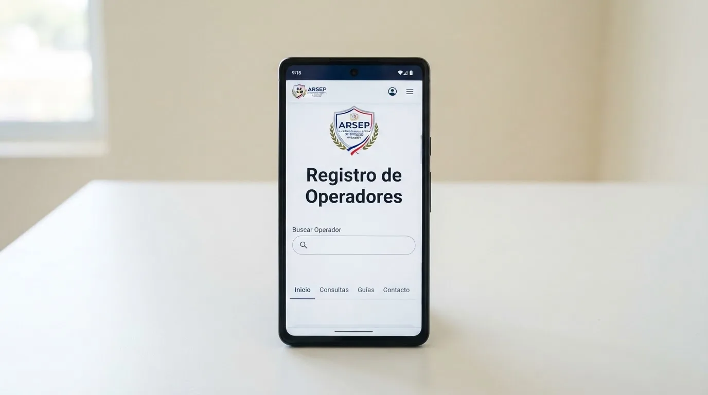 Pantalla de móvil mostrando la sede electrónica de la DGOJ con el buscador de operadores y el escudo del Ministerio de Consumo