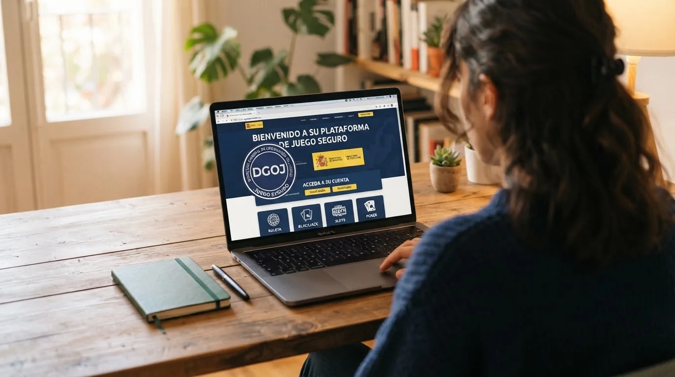 Pantalla de inicio de un casino online regulado con el sello de la DGOJ y el dominio .es visibles en la barra del navegador