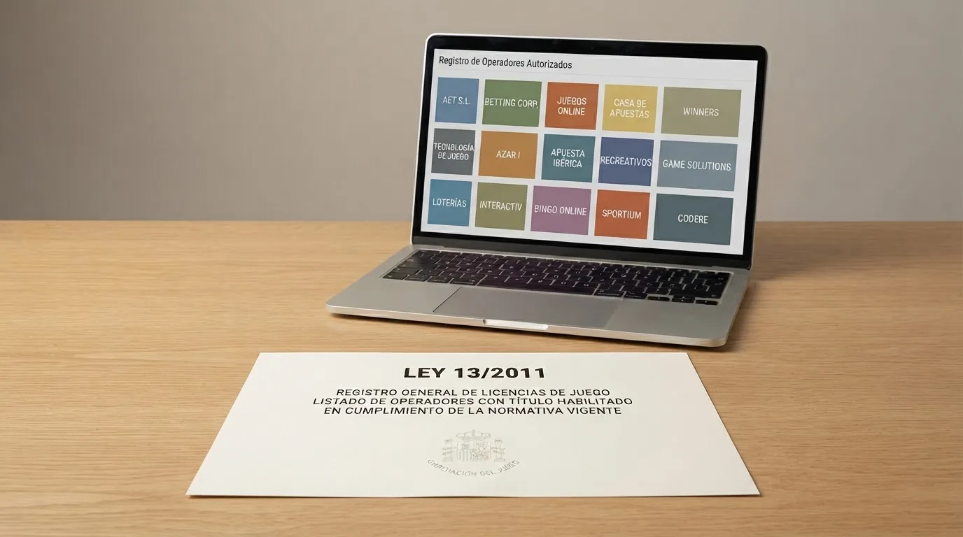 Una captura parcial de la web ordenacionjuego.es con el listado de operadores autorizados visible, superpuesta a una ficha técnica con el texto «Ley 13/2011» y el escudo de la DGOJ