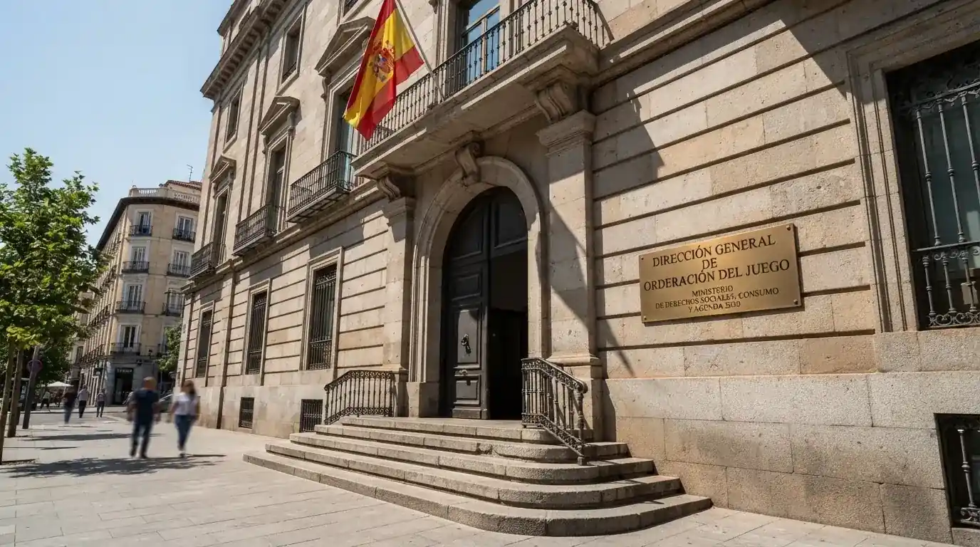 La fachada de un edificio oficial con la bandera de España y una placa que reza «Dirección General de Ordenación del Juego» junto a la entrada