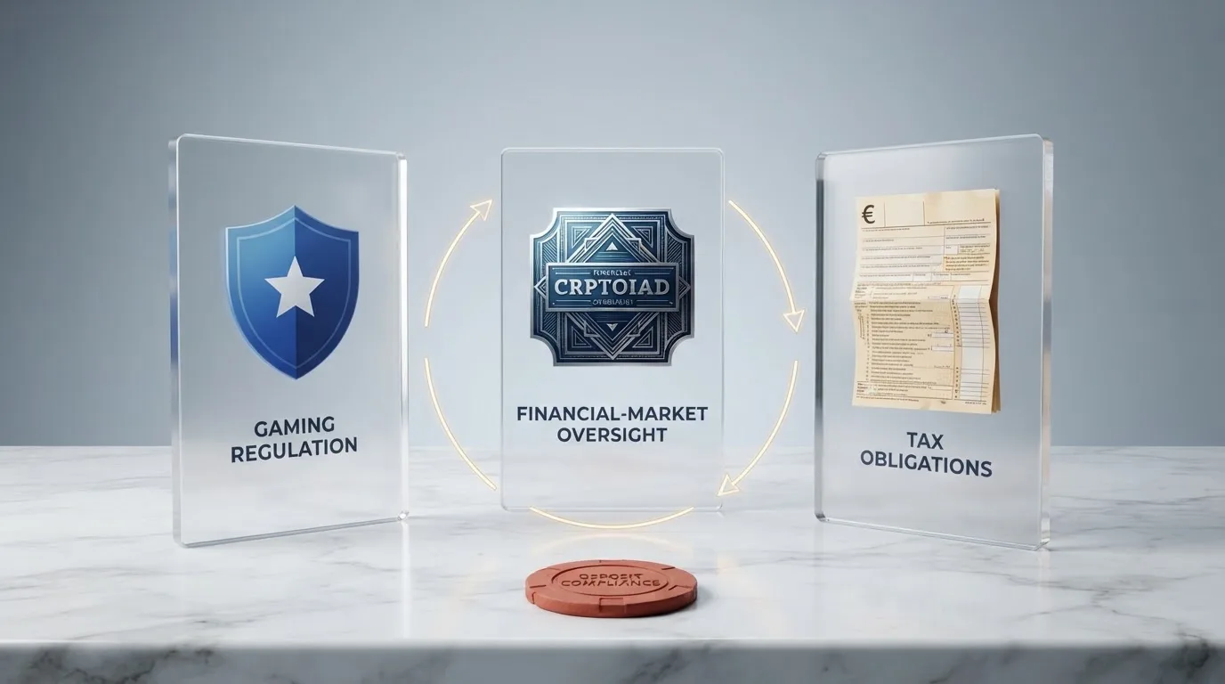 Ilustración de los tres marcos normativos que se cruzan: el escudo de la DGOJ, el sello de MiCA y el formulario del Modelo 721, con un flujo que va del jugador al casino