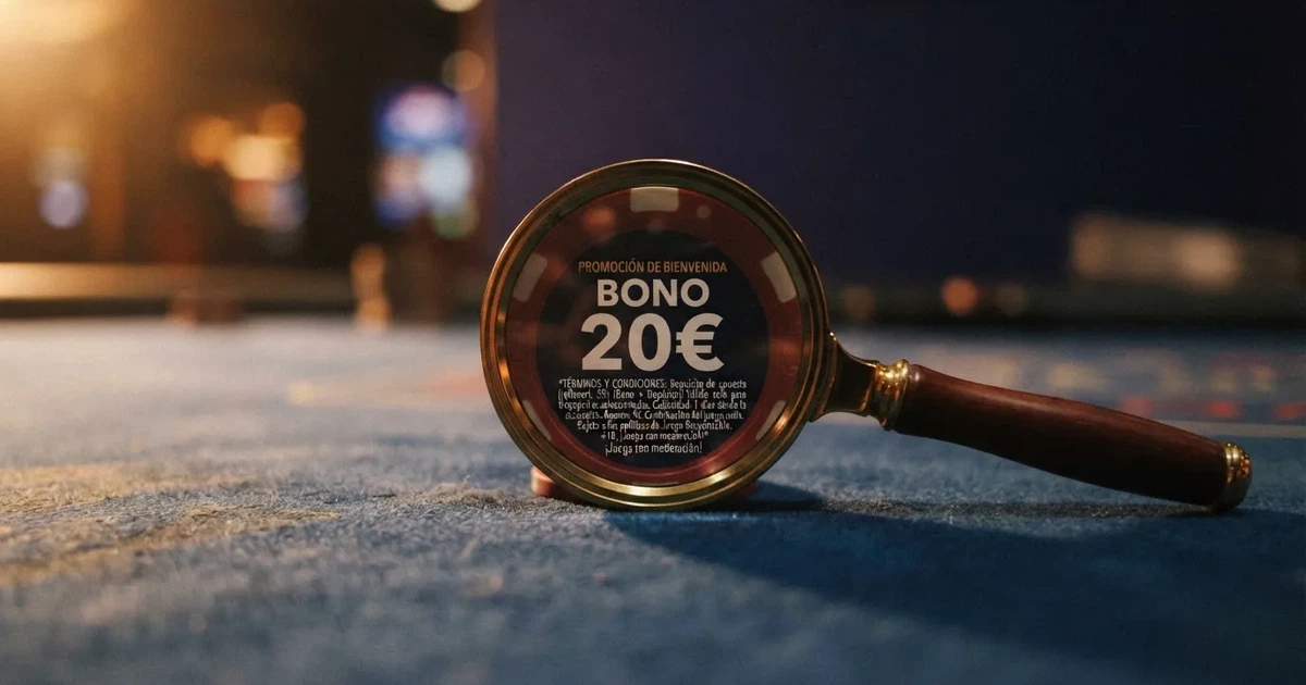 Ficha de casino con el texto «Bono 20€» junto a una lupa que revela condiciones en letra pequeña sobre un fondo azul