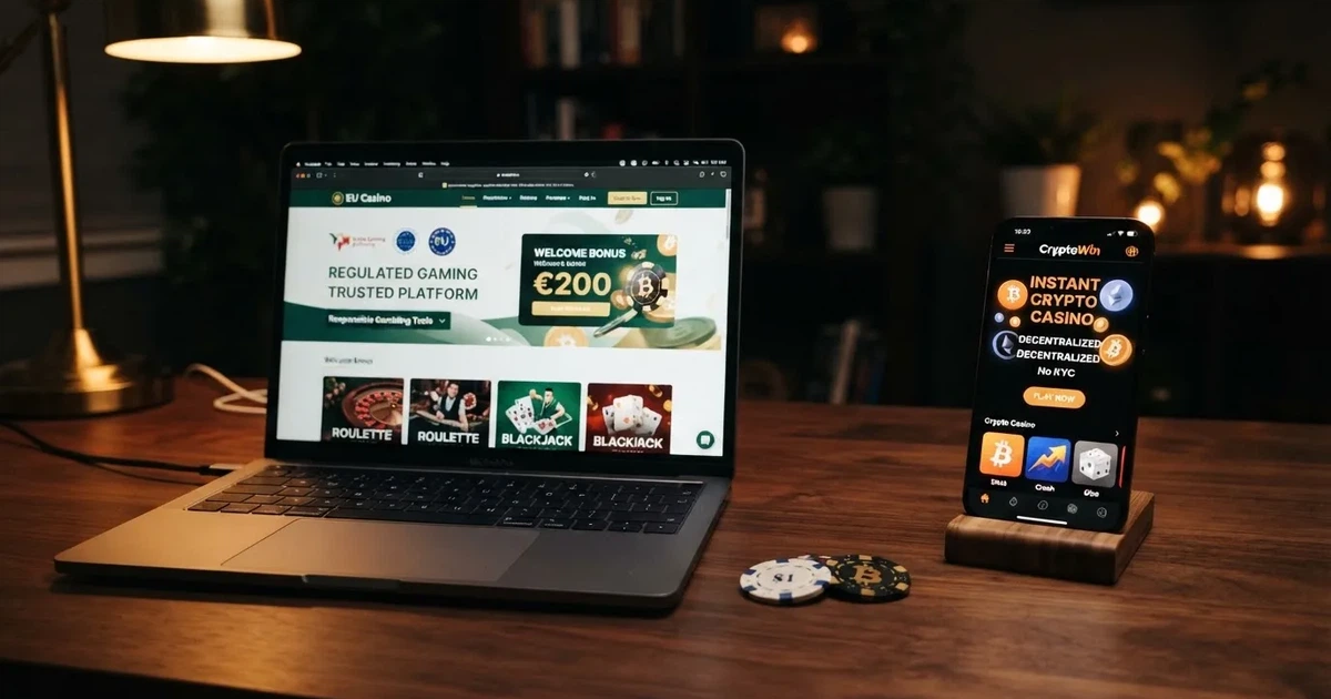 Comparativa de casinos online con bitcoin: pantalla partida entre la web de un casino con licencia DGOJ y un casino cripto offshore, con el logo de bitcoin en el centro