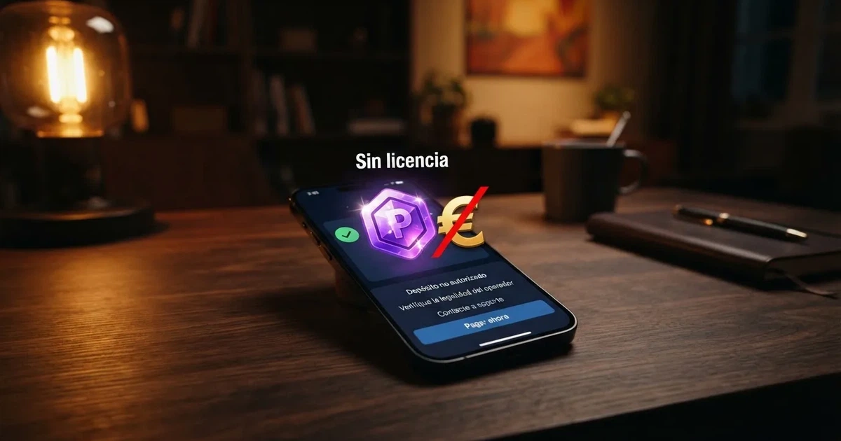 Interfaz de un casino online que muestra la opción de depósito en Ethereum junto al logotipo de la criptomoneda, frente a una pantalla con el símbolo del euro tachado y un texto que indica «sin licencia DGOJ»