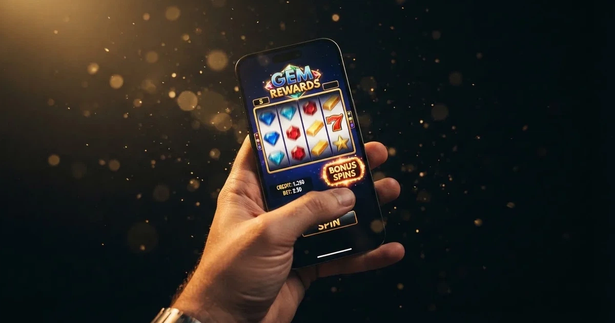 Mano sosteniendo un móvil con una ruleta de slot en pantalla, sobre un fondo oscuro con destellos dorados