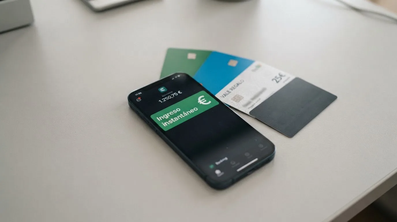 Los iconos de Bizum, PayPal, Paysafecard y una tarjeta bancaria alineados sobre un fondo de pantalla de casino, con un teléfono móvil mostrando una notificación de ingreso instantáneo