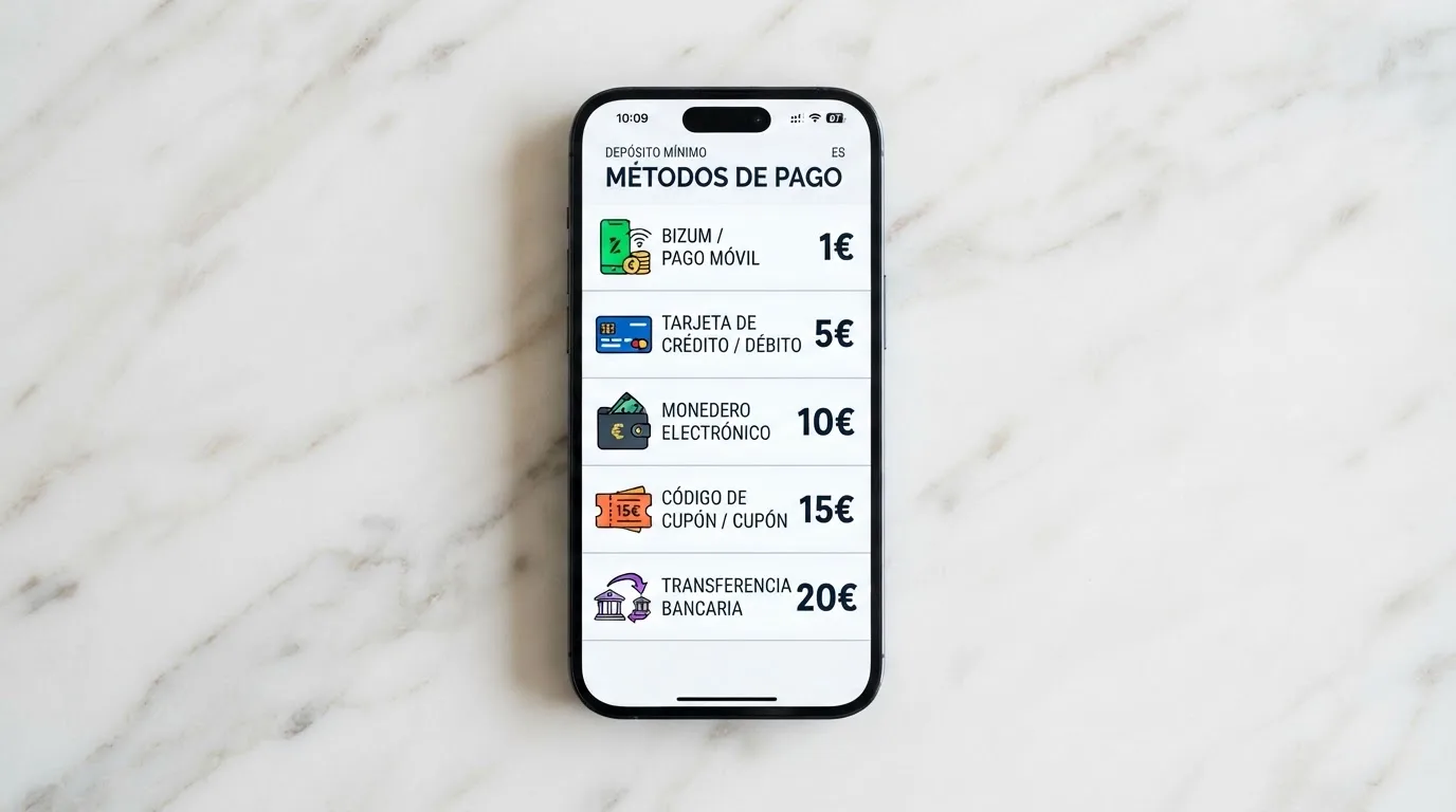 Cinco métodos de pago sobre la pantalla de un móvil con sus importes mínimos de depósito en casinos españoles