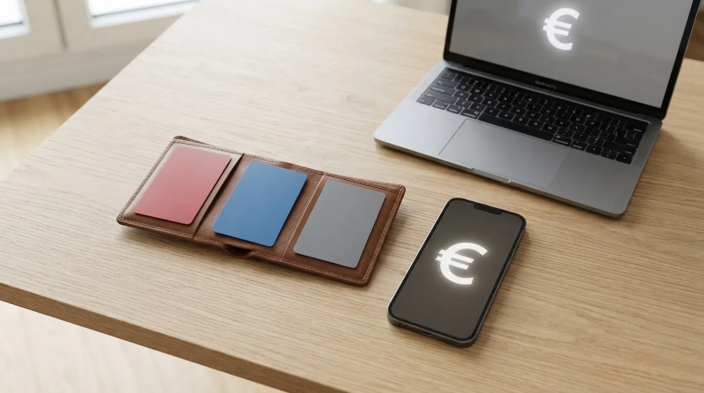 Una cartera abierta con tarjetas bancarias, un móvil mostrando la aplicación de PayPal y el logotipo de Trustly, todo dispuesto sobre una mesa junto a un portátil