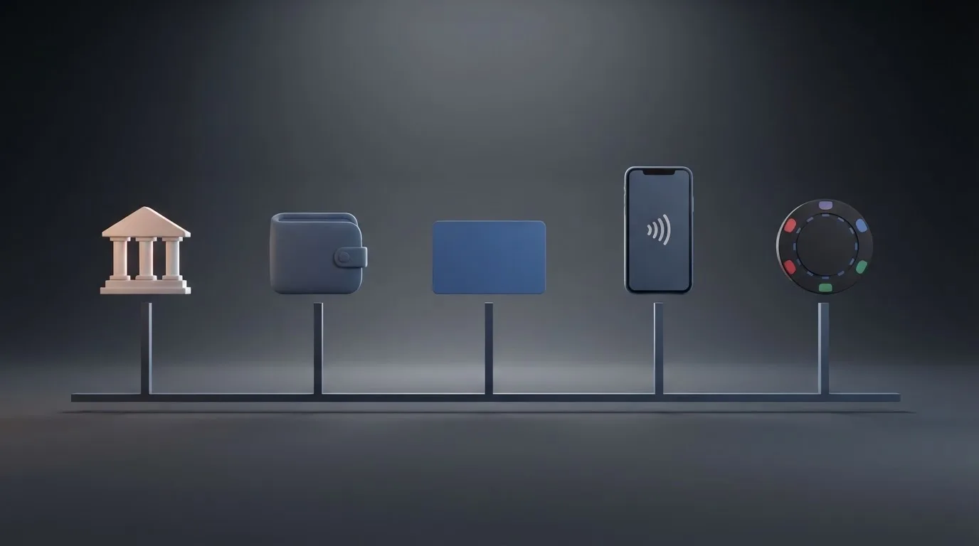 Los logos de Trustly, PayPal, Skrill, Neteller, Visa y transferencia bancaria dispuestos sobre un fondo que evoca un panel de control de pagos.