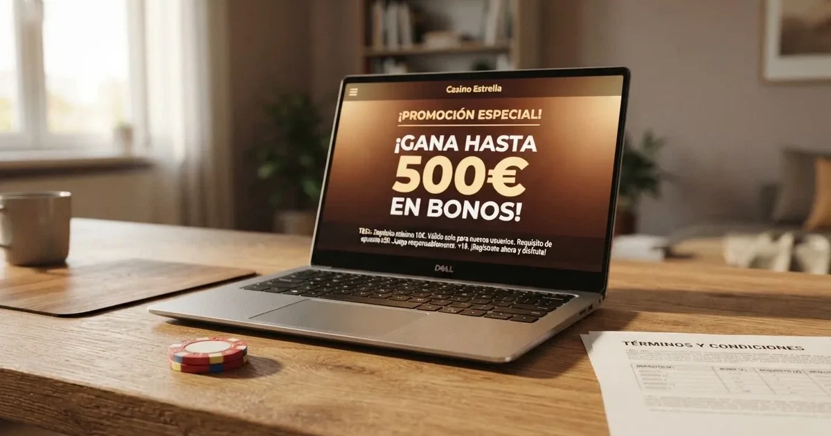 Comparativa de bonos sin depósito en casinos online con licencia DGOJ sobre un escritorio con pantalla mostrando condiciones de una promoción