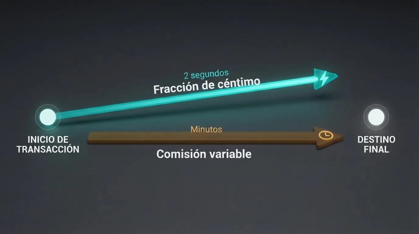 Diagrama visual con dos caminos paralelos: una flecha estrecha y rápida etiquetada «Layer 2 — 2 segundos, fracción de céntimo» frente a una flecha ancha y lenta etiquetada «Mainnet — minutos, comisión variable»