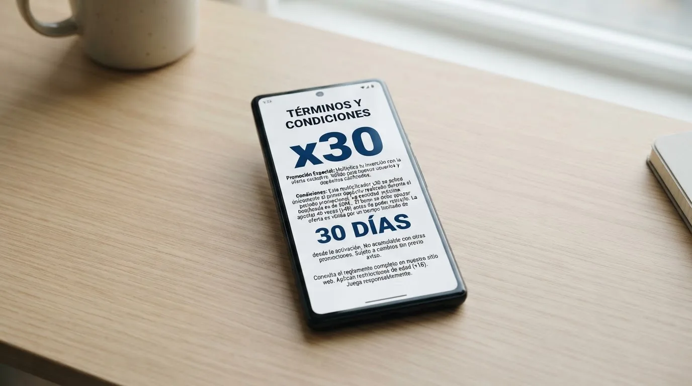 Captura parcial de los términos y condiciones de un bono de casino online español, con las cifras de rollover y plazo subrayadas