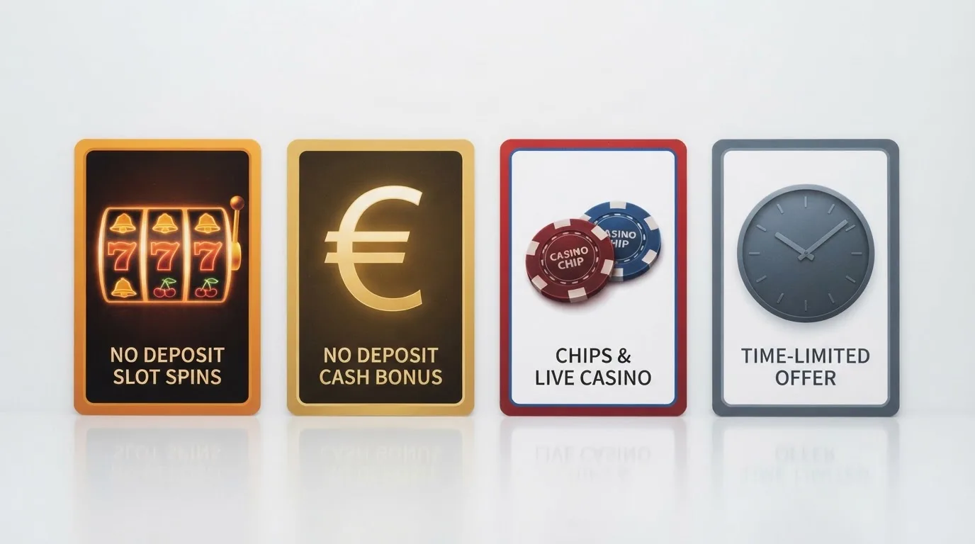 Cuatro tarjetas alineadas representando los tipos de bono sin depósito: tiradas gratis, dinero fijo, fichas de casino y un reloj para promociones por tiempo limitado