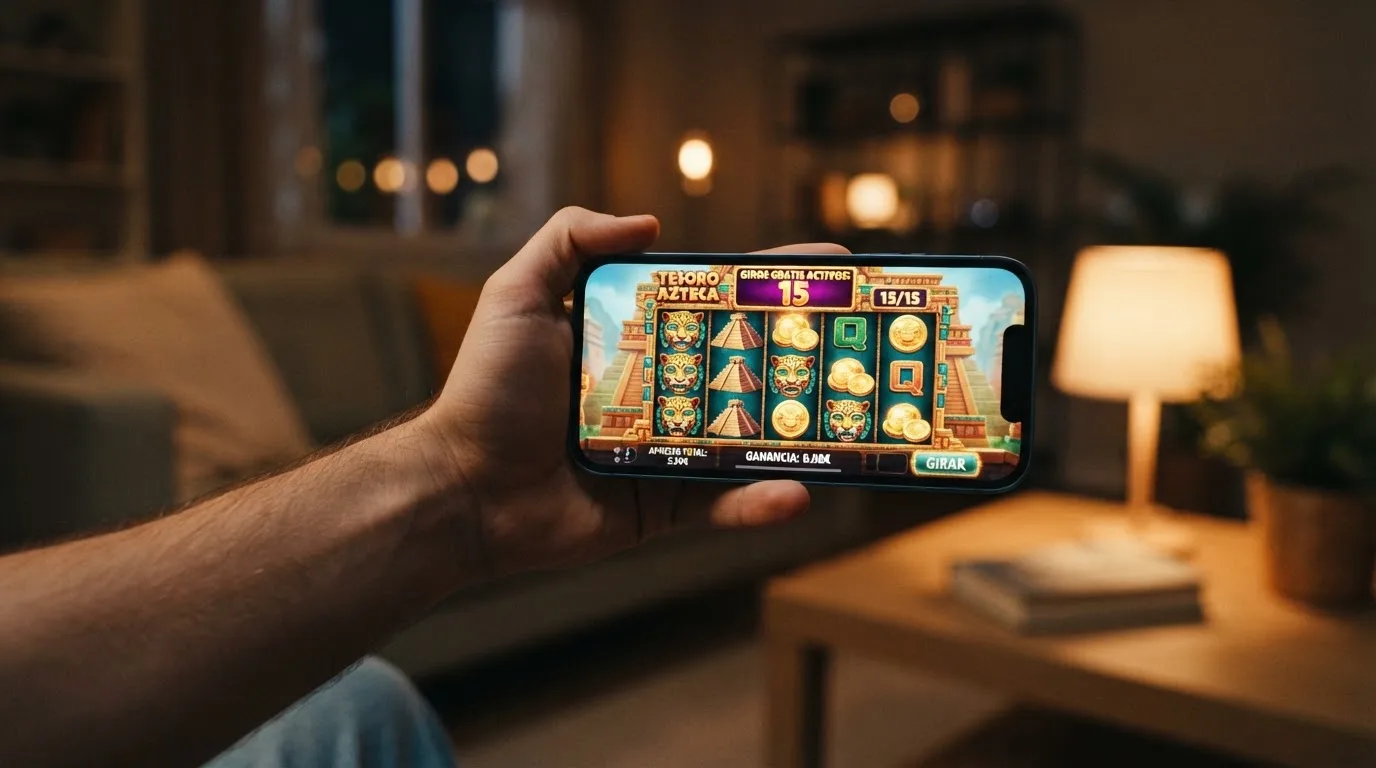 Mano sosteniendo un teléfono móvil con una tragaperras de casino abierta mostrando tiradas gratis activas