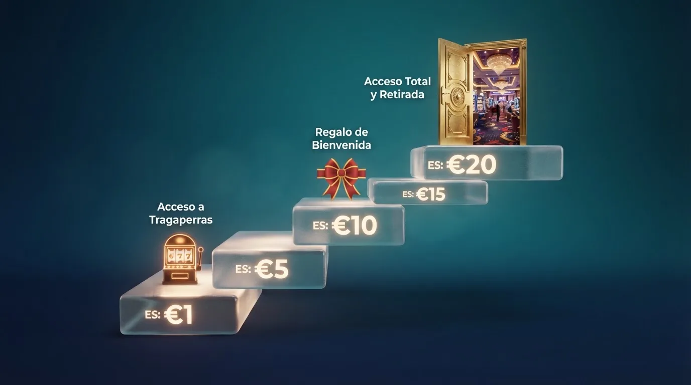 Escalera visual de importes desde 1 € hasta 20 € con iconos que representan lo que cada nivel desbloquea en un casino online